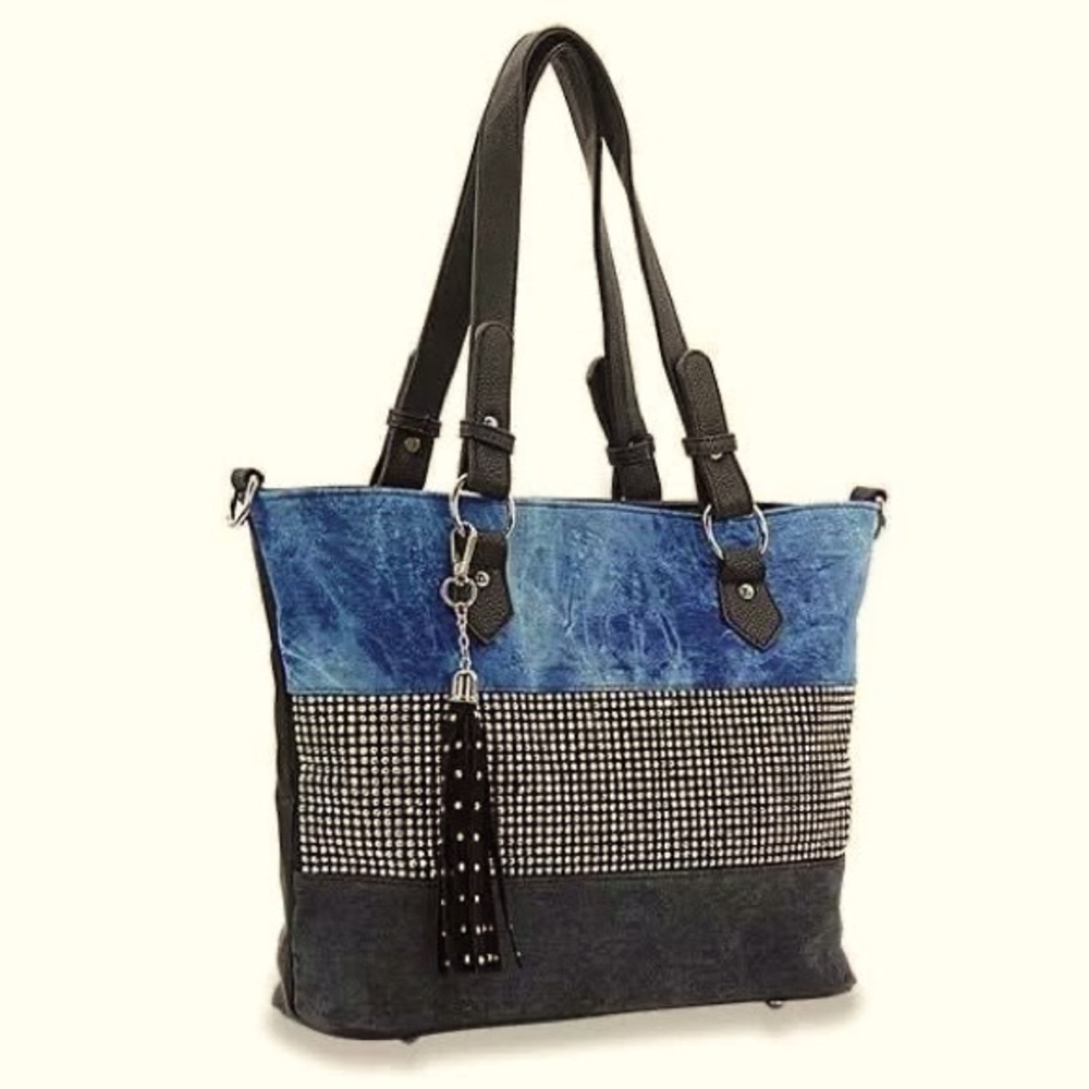 Denim Lightweight Rhinestone Accent Striped Bag